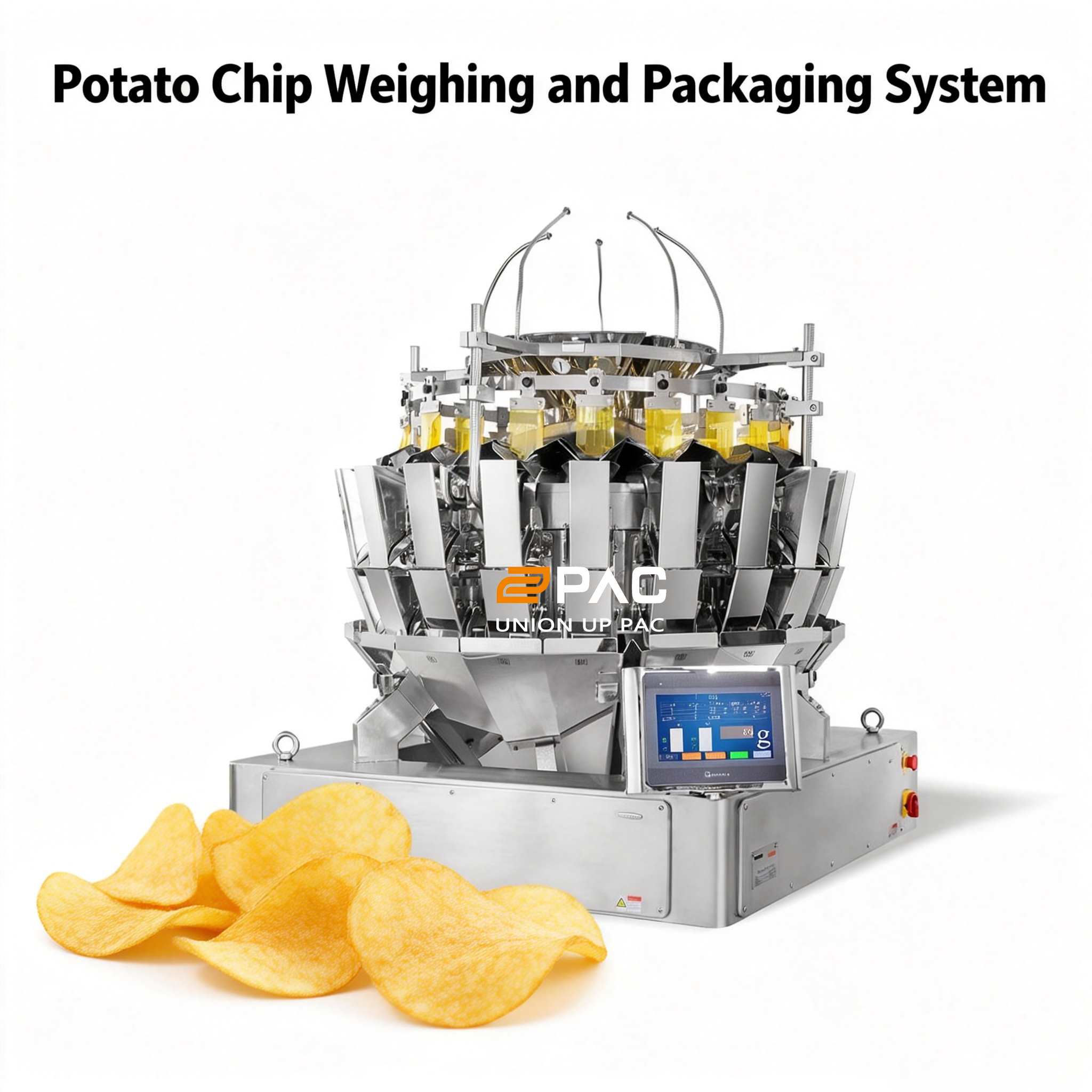 Sistema fiable de pesaje y envasado de patatas fritas para líneas de producción de aperitivos de alta velocidad.